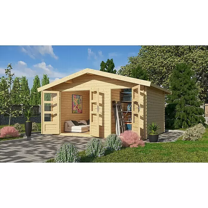 Karibu Gartenhaus Lagor - Außenmaß inkl. Dachüberstand (B x T): 468 x 390 cm, Holz, Natur - Gartenhaus aus hellem Holz mit Doppeltüren, eine Seite als Lounge, die andere als Abstellraum eingerichtet.