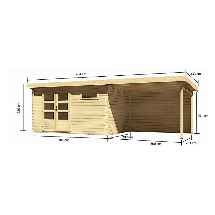Karibu Gartenhaus Bastrup 8 (Außenmaß inkl. Dachüberstand (B x T): 704 x 333 cm, Holz, Natur, Mit Seitendach und Rückwand) | BAUHAUS