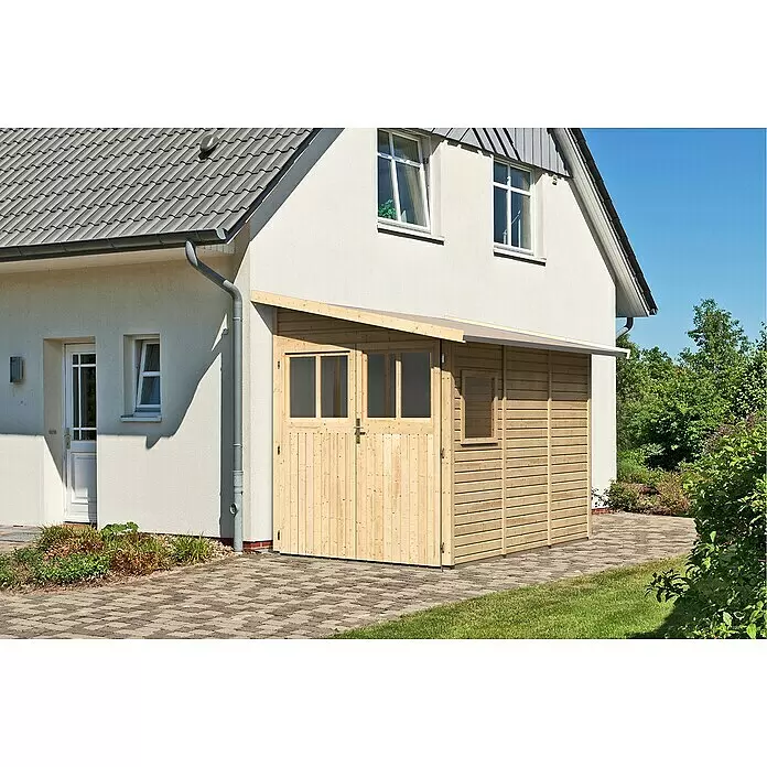 Karibu Gartenhaus Wandlitz 3 - Außenmaß inkl. Dachüberstand (B x T): 200 x 320 cm, Holz, Natur - Hölzerner Gartenschuppen mit Doppeltüren und Pultdach, an der Seite eines modernen Hauses befestigt, bietet Stauraum im Freien.