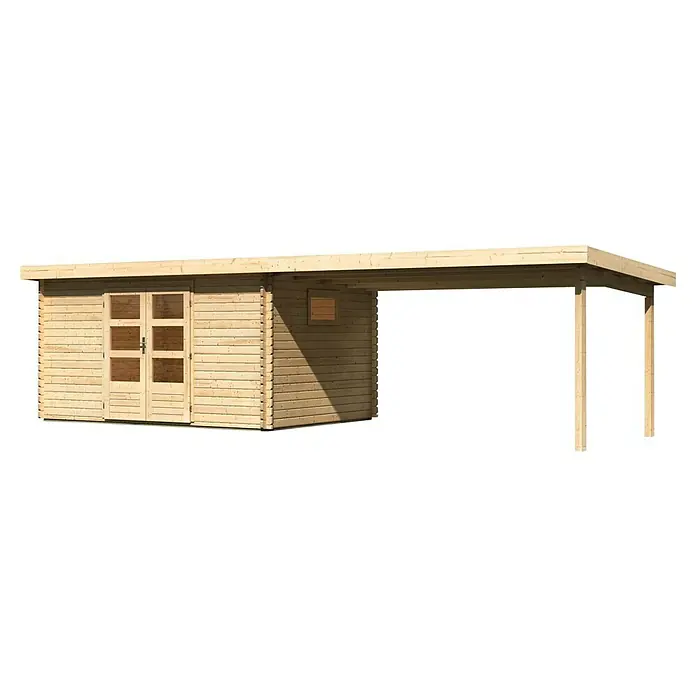Karibu Gartenhaus - Außenmaß inkl. Dachüberstand (B x T): 806 x 333 cm, Holz, Natur, Mit Seitendach - Holzgartenhaus mit Vordach, ideal für Lagerung oder als stilvoller Unterstand im Garten. Natürliches Design für jede Außenanlage.