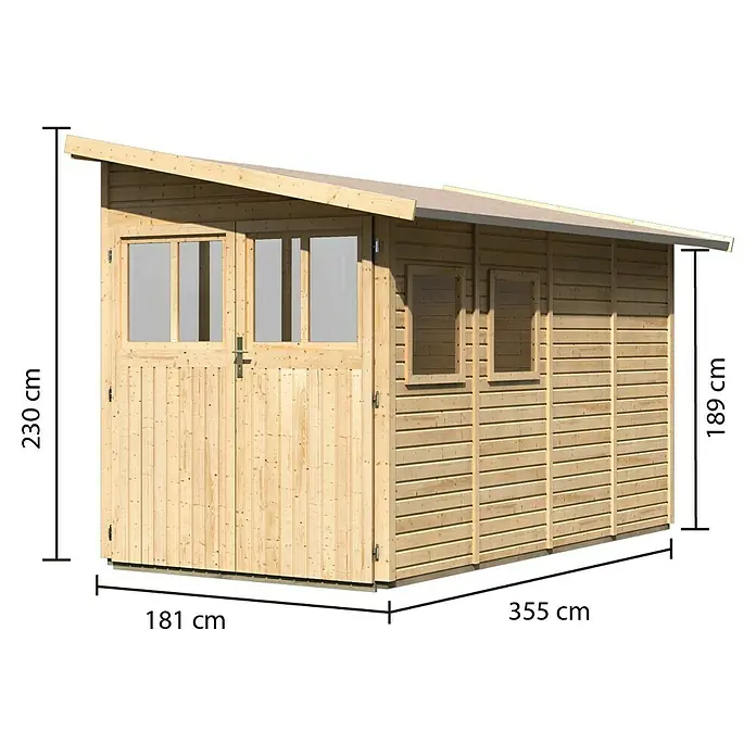 Karibu Gartenhaus Wandlitz 4 - Außenmaß inkl. Dachüberstand (B x T): 200 x 408 cm, Holz, Natur - Abbildung eines Holzgartenhauses mit den Maßen 230 cm Höhe, 181 cm Breite und 355 cm Länge. Ideal für Garten und Freizeit!