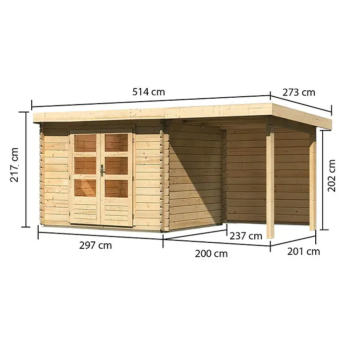Karibu Gartenhaus Bastrup 3 - Außenmaß inkl. Dachüberstand (B x T): 514 x 273 cm, Holz, Natur, Mit Seitendach und Rückwand - Abbildung eines Holzgartenhauses mit den Maßen 514 cm Länge und 217 cm Höhe mit überdachtem Bereich.