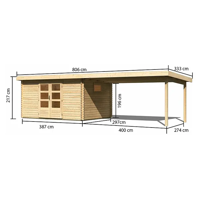 Karibu Gartenhaus - Außenmaß inkl. Dachüberstand (B x T): 806 x 333 cm, Holz, Natur, Mit Seitendach - Ansicht eines Gartenhauses mit den Maßangaben zu Höhe, Breite und Länge.