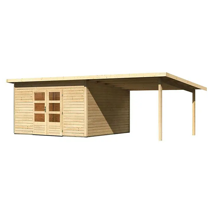 Karibu Gartenhaus Northeim 5 - Außenmaß inkl. Dachüberstand (B x T): 724 x 393 cm, Holz, Natur, Mit Seitendach - Das Bild zeigt ein modernes Gartenhaus aus hellem Holz mit einem kleinen überdachten Anbau, ideal für zusätzlichen Stauraum im Garten.