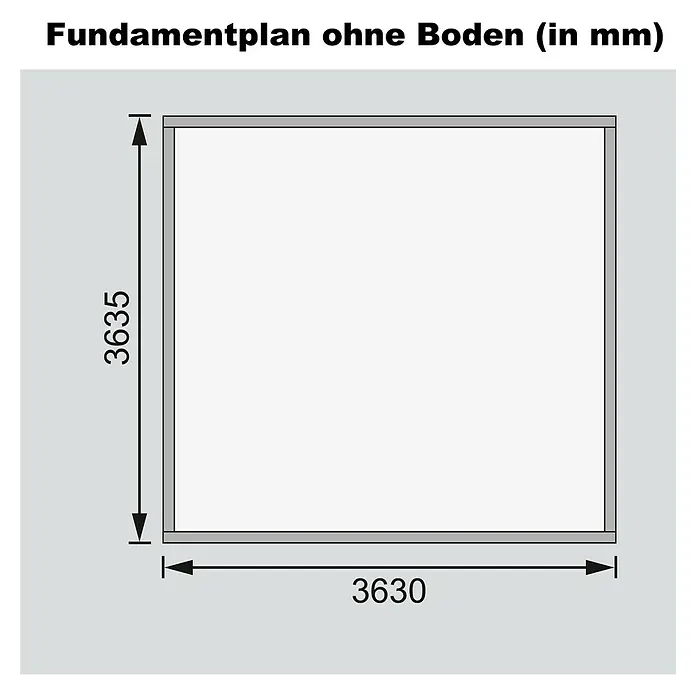 Karibu Gartenhaus Northeim 5 - Außenmaß inkl. Dachüberstand (B x T): 406 x 393 cm, Holz, Natur - Fundamentplan ohne Boden mit den Maßen 3635 mm und 3630 mm. Eine technische Zeichnung für Bauprojekte.
