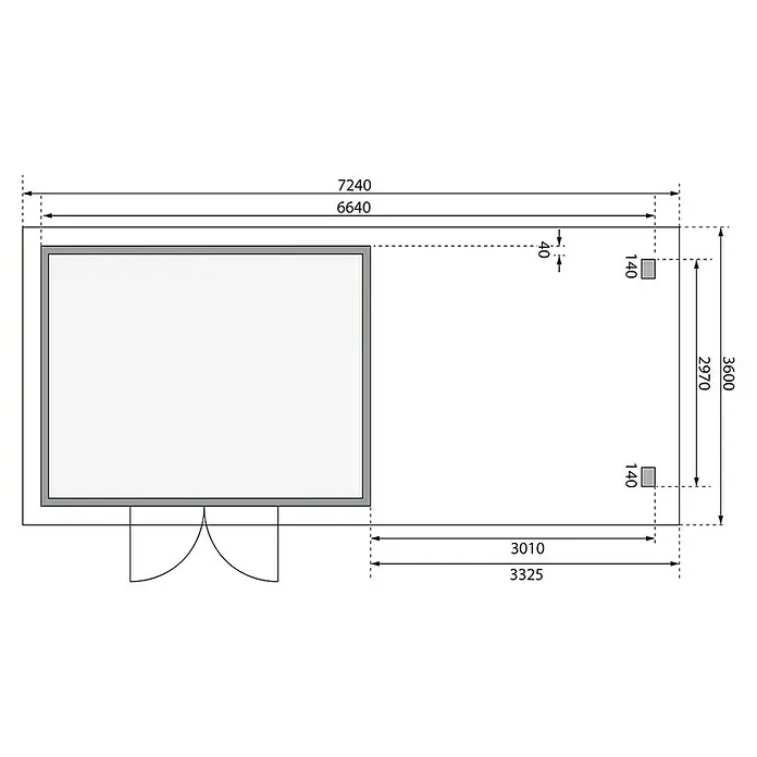 Karibu Gartenhaus Northeim 4 - Außenmaß inkl. Dachüberstand (B x T): 724 x 331,5 cm, Holz, Natur, Mit Seitendach und Rückwand - Grundriss eines Hauses mit hervorgehobenen Abmessungen, der die Struktur und die räumliche Anordnung des Gebäudes zeigt.