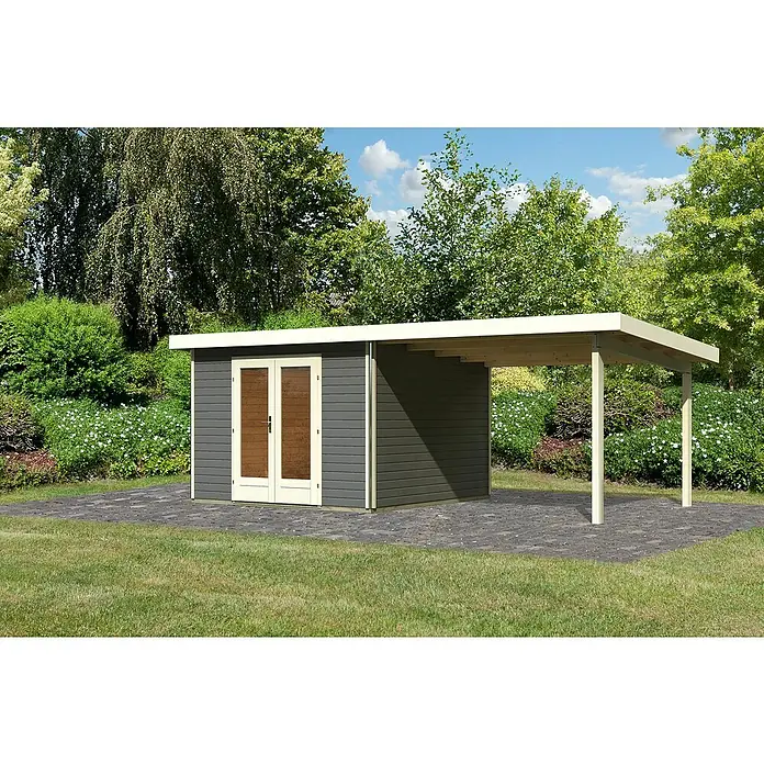 Karibu Gartenhaus Radeburg 1 - Außenmaß inkl. Dachüberstand (B x T): 664 x 331,5 cm, Holz, Terragrau, Mit Seitendach - Ein Gartenhaus mit Carport-Anbau, das Funktionalität und Ästhetik vereint. Das graue Haus bietet Stauraum, der Carport Schutz vor Witterungseinflüssen.