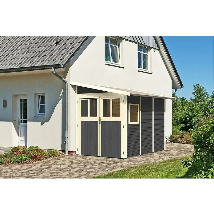 Karibu Gartenhaus Wandlitz 3 - Außenmaß inkl. Dachüberstand (B x T): 200 x 320 cm, Holz, Terragrau - Ein modernes Gerätehaus mit Doppeltür und kleinem Fenster, angelehnt an eine Hauswand. Ideal für die Gartenaufbewahrung.