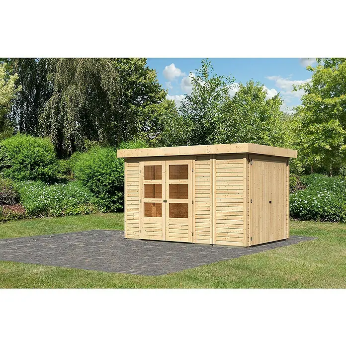 Karibu Gartenhaus Retola 3 - Außenmaß inkl. Dachüberstand (B x T): 342 x 238 cm, Holz, Natur - Gartenschrank aus Holz mit Doppeltür und Fenstern, ideal für die Aufbewahrung von Gartengeräten und -möbeln im Freien.