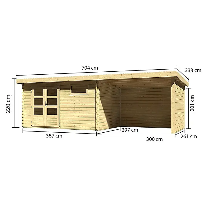 Karibu Gartenhaus Bastrup 8 - Außenmaß inkl. Dachüberstand (B x T): 704 x 333 cm, Holz, Natur, Mit Seitendach, Rück- und Seitenwand - Ansicht des Holzgartenhauses mit Größenangaben wie Höhe, Breite und Tiefe in Zentimetern.