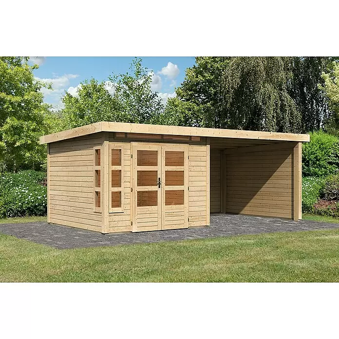 Karibu Gartenhaus Kastorf 6 - Außenmaß inkl. Dachüberstand (B x T): 612 x 303 cm, Holz, Natur, Mit Seitendach, Rück- und Seitenwand - Natürlicher Holzgartenhaus mit integriertem Carport auf gepflastertem Bereich.