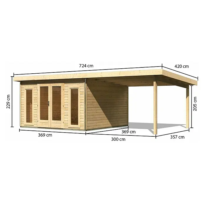 Karibu Gartenhaus Radeburg 3 - Außenmaß inkl. Dachüberstand (B x T): 724 x 393 cm, Holz, Natur, Mit Seitendach - Abbildung eines Holzgartenhauses mit Vordach und Maßangaben zu Höhe, Breite und Tiefe in Zentimetern.