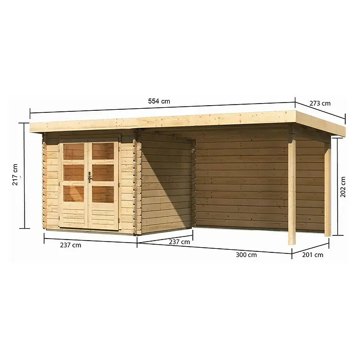 Karibu Gartenhaus Bastrup 2 - Außenmaß inkl. Dachüberstand (B x T): 554 x 273 cm, Holz, Natur, Mit Seitendach und Rückwand - Ansicht eines Holzschuppens mit Anbau und Größenangaben in Zentimetern.