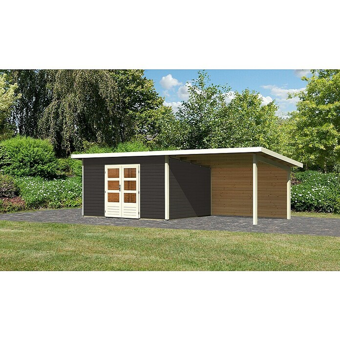 Karibu Gartenhaus Northeim 4 (Außenmaß inkl. Dachüberstand (B x T): 724 x 331,5 cm, Holz, Terragrau, Mit Seitendach und Rückwand) | BAUHAUS