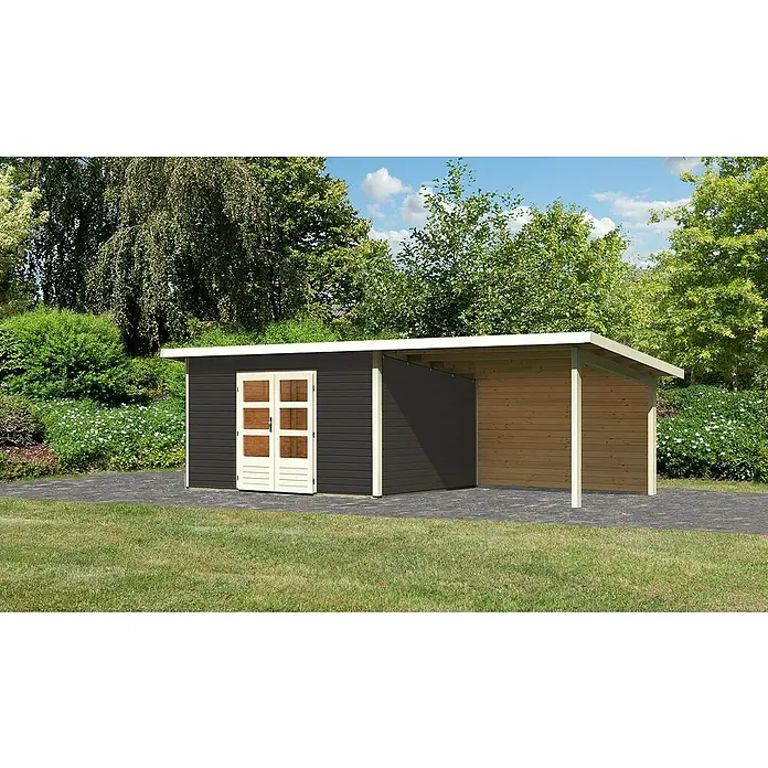 Karibu Gartenhaus Northeim 4 - Außenmaß inkl. Dachüberstand (B x T): 724 x 331,5 cm, Holz, Terragrau, Mit Seitendach und Rückwand - Das Bild zeigt ein modernes Gartenhaus mit einem dunklen Anbau und einer hellen Doppeltür, umgeben von Grünfläche.