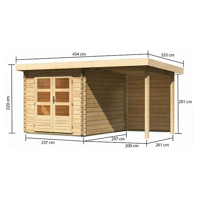 Karibu Gartenhaus Bastrup 4 - Außenmaß inkl. Dachüberstand (B x T): 454,5 x 333 cm, Holz, Natur, Mit Seitendach und Rückwand - Abbildung eines Holzgartenhauses mit den Maßangaben in Zentimetern.