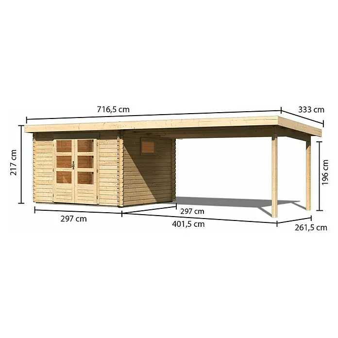 Karibu Gartenhaus - Außenmaß inkl. Dachüberstand (B x T): 716,5 x 333 cm, Holz, Natur, Mit Seitendach - Ansicht eines Holzschuppens mit Carport und Maßangaben in Zentimetern.