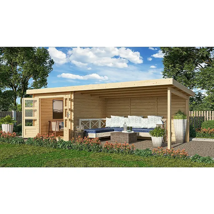Karibu Gartenhaus Bastrup 4 - Außenmaß inkl. Dachüberstand (B x T): 654 x 333 cm, Holz, Natur, Mit Seitendach und Rückwand - Ein gemütliches Holzgartenhaus mit offenem Bereich und Sitzgelegenheiten lädt zum Verweilen ein. Perfekt für entspannte Stunden im Freien.