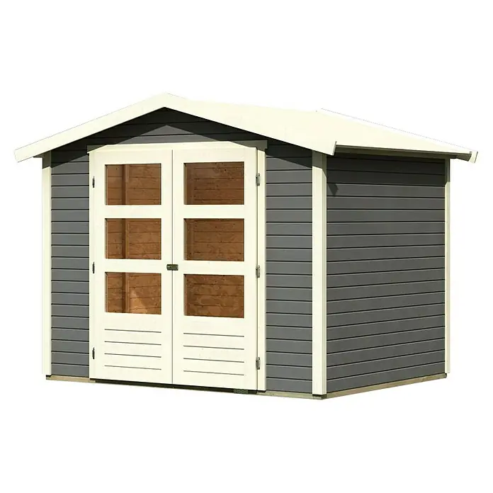 Karibu Gartenhaus Amberg 3 - Außenmaß inkl. Dachüberstand (B x T): 272 x 210 cm, Holz, Terragrau - Ein graues Gartenhaus mit weißen Akzenten und Doppeltür, ideal für die Aufbewahrung von Gartengeräten und -möbeln.