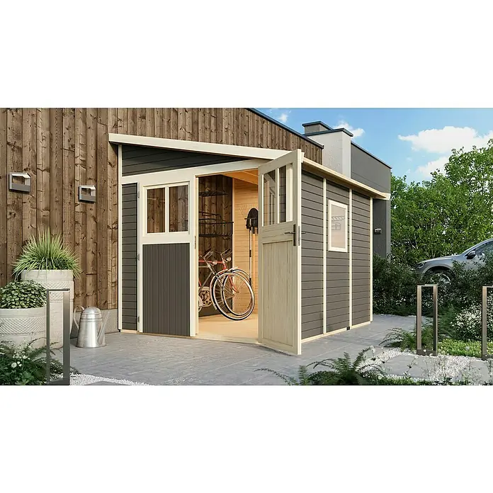 Karibu Gartenhaus Bomlitz 3 - Außenmaß inkl. Dachüberstand (B x T): 255 x 301 cm, Holz, Terragrau - Eine moderne Gartengerätehaus mit offenstehender Tür, die Einblick auf ein Fahrrad und Gartengeräte im Inneren gewährt.