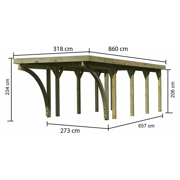 Karibu Carport Classic 3 (Außenmaß inkl. Dachüberstand (B x T): 3,18 x 8,6 m, Einzelcarport, Naturbelassen, Farbe Dach: Rot/ Grau, Mit 2 Einfahrtsbögen) | BAUHAUS