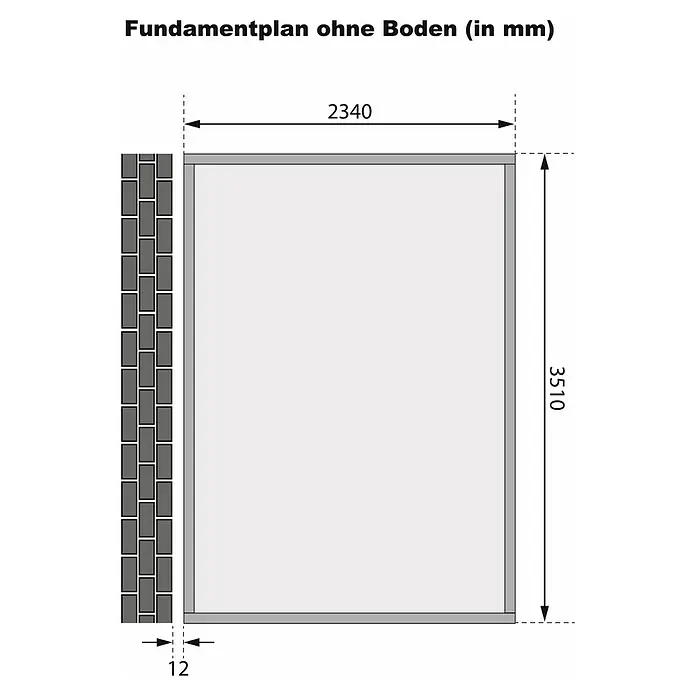 Karibu Gartenhaus Bomlitz 4 - Außenmaß inkl. Dachüberstand (B x T): 255 x 388 cm, Holz, Natur - Fundamentplan ohne Boden (in mm) mit Abmessungen.