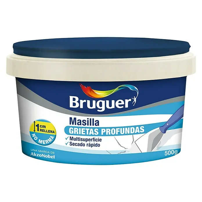 Bruguer Masilla Grietas profundas - 500 g - Un bote azul de masilla Bruguer Masilla para grietas profundas, ideal para diversas superficies y secado rápido.