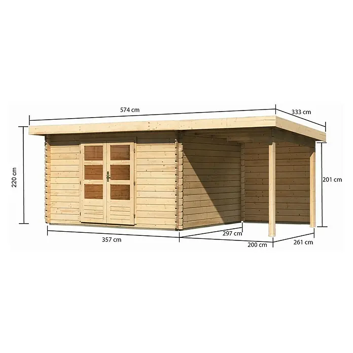 Karibu Gartenhaus Bastrup 7 - Außenmaß inkl. Dachüberstand (B x T): 574 x 333 cm, Holz, Natur, Mit Seitendach und Rückwand - Abbildung eines Holzgartenhauses mit den Maßen 574 cm Länge, 333 cm Breite, 220 cm Höhe und einer überdachten Veranda mit zwei Pfosten.