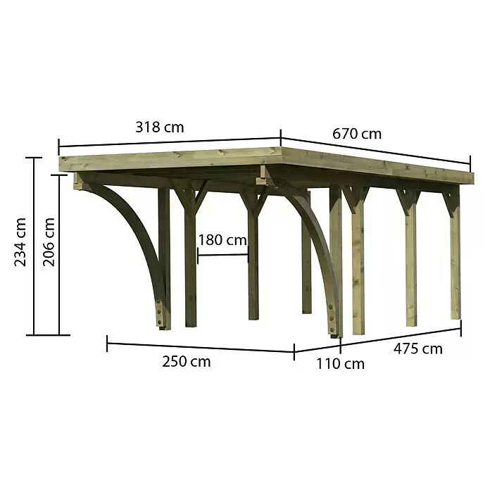Karibu Carport Classic 2Außenmaß inkl. Dachüberstand (B x T): 3,18 x 6,7 m, Einzelcarport, Naturbelassen, Farbe Dach: Grau, Mit 2 Einfahrtsbögen