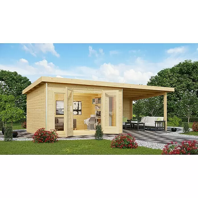 Karibu Gartenhaus Radeburg 2 - Außenmaß inkl. Dachüberstand (B x T): 724 x 331,5 cm, Holz, Natur, Mit Seitendach und Rückwand - Helles Gartenhaus aus Holz mit integrierter überdachter Terrasse im grünen Garten.
