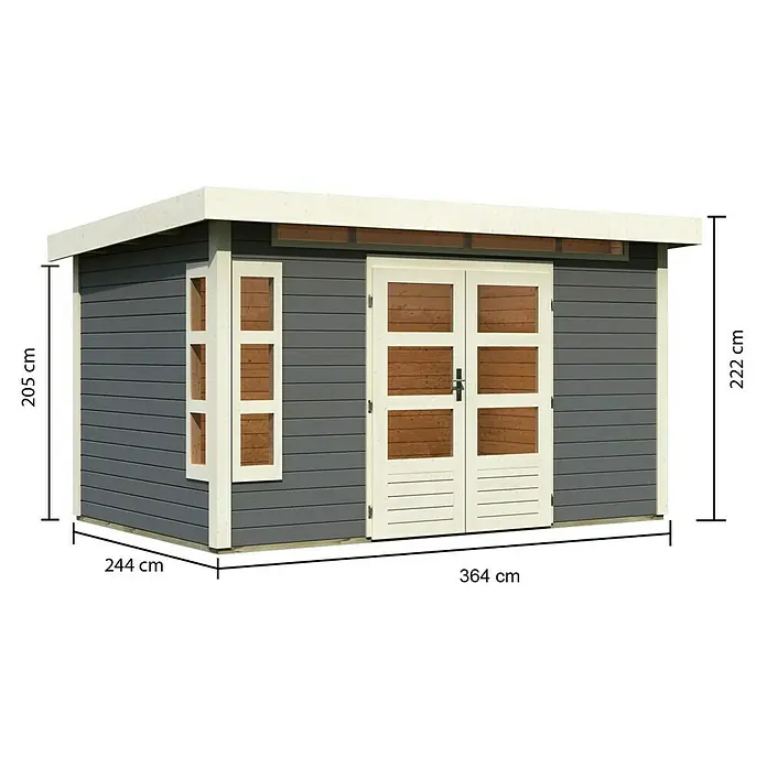Karibu Gartenhaus Kastorf 7 - Außenmaß inkl. Dachüberstand (B x T): 396 x 273 cm, Holz, Terragrau - Abbildung eines Gartenhauses mit den Maßen 244 cm x 364 cm x 222 cm und einer Seitenhöhe von 205 cm.