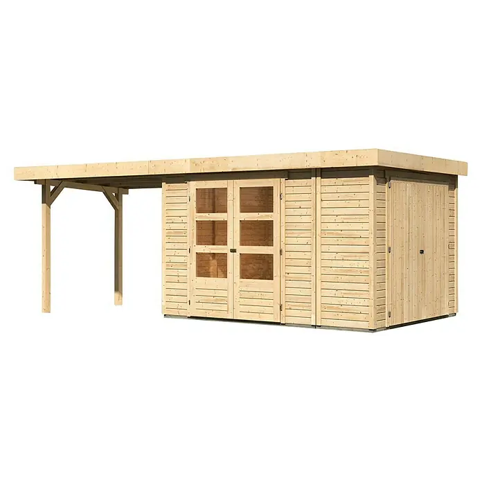 Karibu Gartenhaus Retola 4 - Außenmaß inkl. Dachüberstand (B x T): 603,5 x 262 cm, Holz, Natur - Dieses Bild zeigt ein modernes Gartenhaus mit einer Überdachung, ideal für Lagerung oder als stilvoller Rückzugsort im Freien.