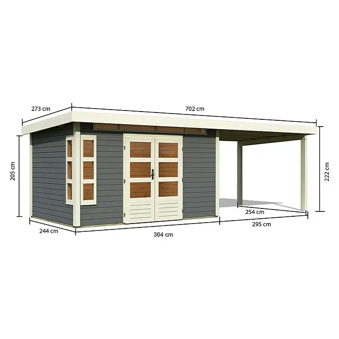 Karibu Gartenhaus Kastorf 7 - Außenmaß inkl. Dachüberstand (B x T): 702 x 273 cm, Holz, Terragrau, Mit Seitendach - Abbildung eines grauen Gartenhauses mit weißem Dach und weißen Akzenten, einschließlich einer überdachten Terrasse, mit Maßangaben.