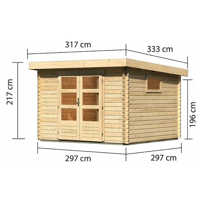 Karibu Gartenhaus Trittau 3 - Außenmaß inkl. Dachüberstand (B x T): 317 x 333 cm, Holz, Natur - Abbildung eines Gartenhauses aus Holz mit den Maßen 317 cm x 333 cm oben und 297 cm x 297 cm unten sowie 217 cm x 196 cm Höhe.