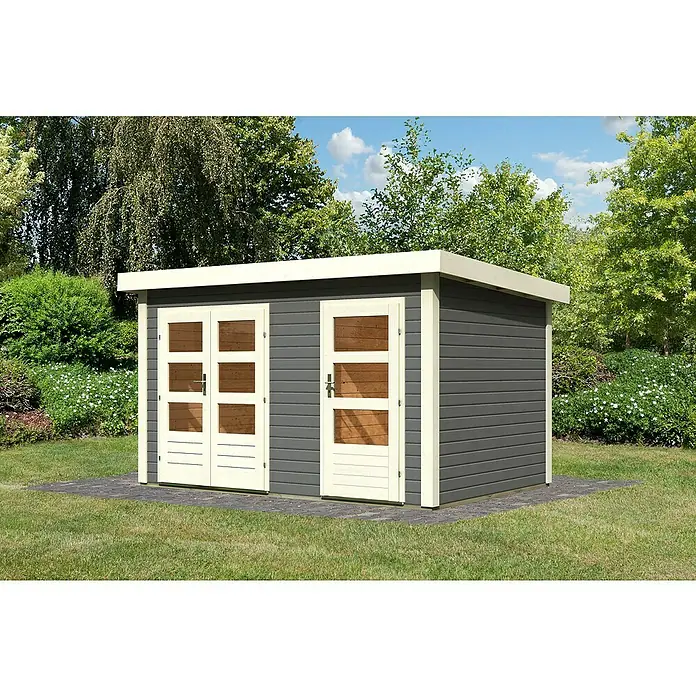 Karibu Gartenhaus Schönbuch 1 - Außenmaß inkl. Dachüberstand (B x T): 398 x 273 cm, Holz, Terragrau - Graues Gartenhaus mit Doppeltür und Einzeltür auf gepflastertem Untergrund.