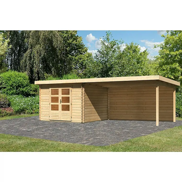 Karibu Gartenhaus Bastrup 5 - Außenmaß inkl. Dachüberstand (B x T): 714 x 333 cm, Holz, Natur, Mit Seitendach und Rückwand - Holzgartenhaus mit Doppeltür und überdachtem Bereich. Ideal als Lagerraum und Unterstand im Garten.