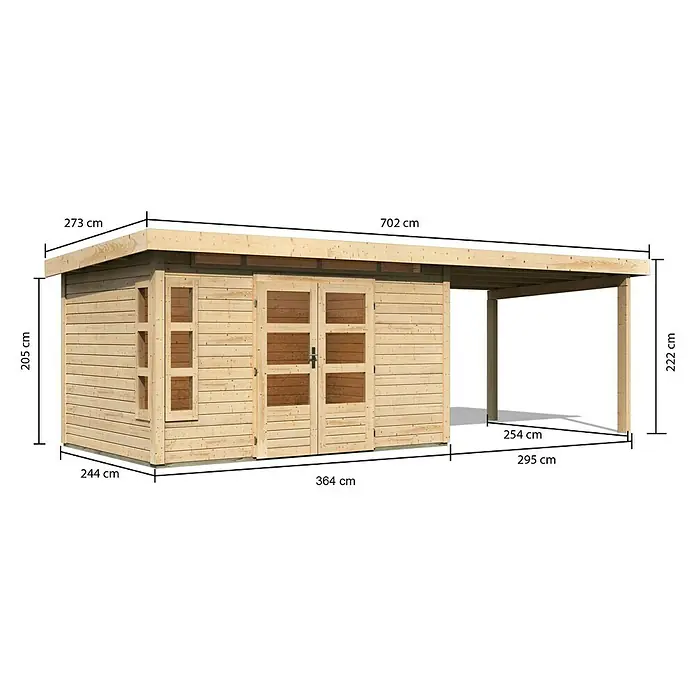 Karibu Gartenhaus Kastorf 7 - Außenmaß inkl. Dachüberstand (B x T): 702 x 273 cm, Holz, Natur, Mit Seitendach - Abmessungen eines Holzgartenhauses mit Anbau, inklusive Länge, Breite und Höhe in Zentimetern für Planung und Aufbau.