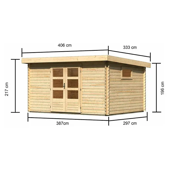 Karibu Gartenhaus Trittau 5 - Außenmaß inkl. Dachüberstand (B x T): 406 x 333 cm, Holz, Natur - Abbildung eines Holzgartenhauses mit Maßangaben, die die Abmessungen des Produkts verdeutlichen.
