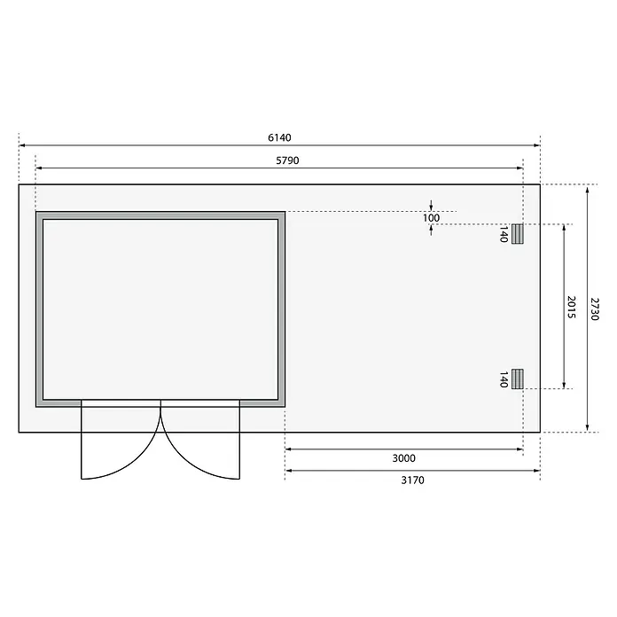 Karibu Gartenhaus Bastrup 3 - Außenmaß inkl. Dachüberstand (B x T): 614 x 273 cm, Holz, Natur, Mit Seitendach und Rückwand - Grundriss eines Gebäudes mit Maßen. Der Plan zeigt einen Innenraum mit detaillierten Abmessungen und architektonischen Merkmalen.