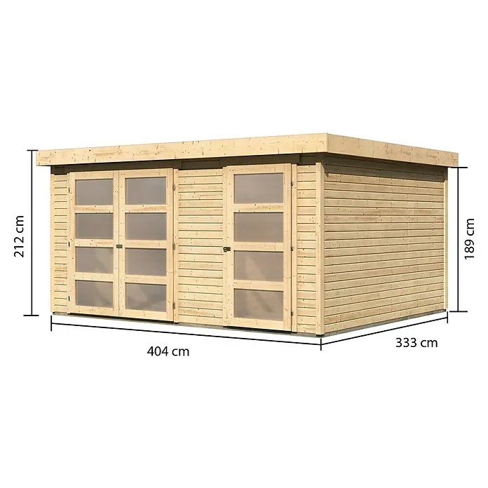 Karibu Gartenhaus Mühlentrup 3 - Außenmaß inkl. Dachüberstand (B x T): 428 x 351,5 cm, Holz, Natur - Ansicht eines Holzgartenschuppens mit Maßangaben. Gartenschuppen mit Glastüren, die für ein helles Inneres sorgen und das Design aufwerten.