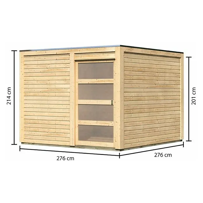 Karibu Gartenhaus Qubic 2 - Außenmaß inkl. Dachüberstand (B x T): 276 x 276 cm, Holz, Natur - Abbildung eines Holzgartenschuppens mit Tür und den Maßen 276 x 276 x 214 cm.