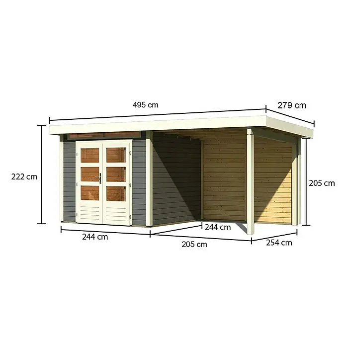 Karibu Gartenhaus Kandern 3 - Außenmaß inkl. Dachüberstand (B x T): 495 x 273 cm, Holz, Terragrau - Abbildung eines Gartenhauses mit Anbau und den entsprechenden Maßangaben in Zentimetern.