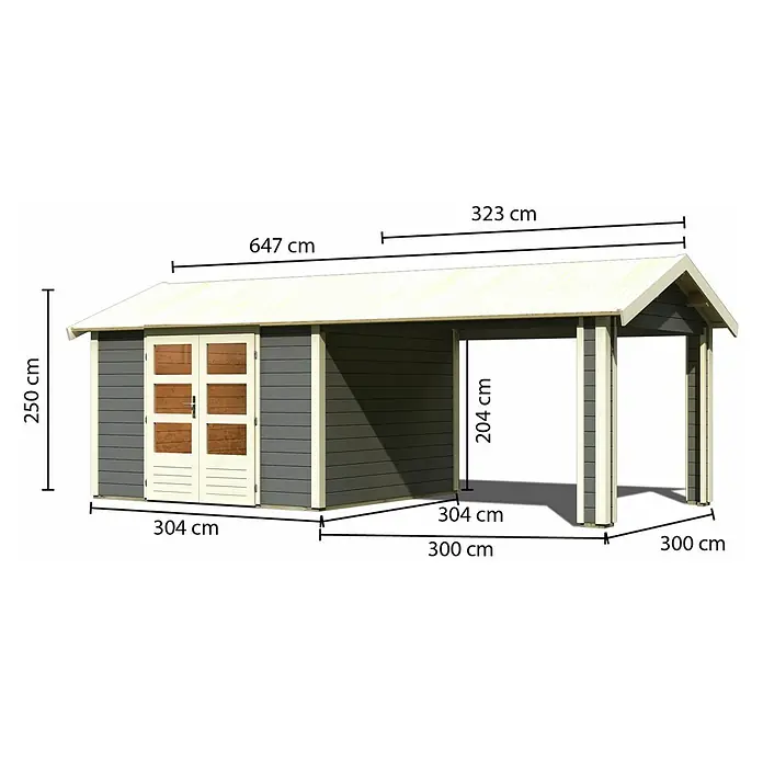 Karibu Gartenhaus Theres - Außenmaß inkl. Dachüberstand (B x T): 648 x 348 cm, Holz, Terragrau - Abbildung eines Gartenhauses mit den Massen 647 cm Länge, 304 cm Breite und 250 cm Höhe.