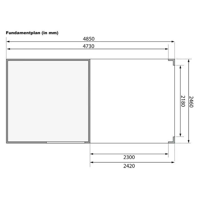Karibu Gartenhaus Qubic 1 - Außenmaß inkl. Dachüberstand (B x T): 485 x 246 cm, Holz, Natur, Mit Seitendach - Fundamentplan einer Gartenlaube mit Maßen in Millimetern, einschließlich Länge und Breite der Struktur.