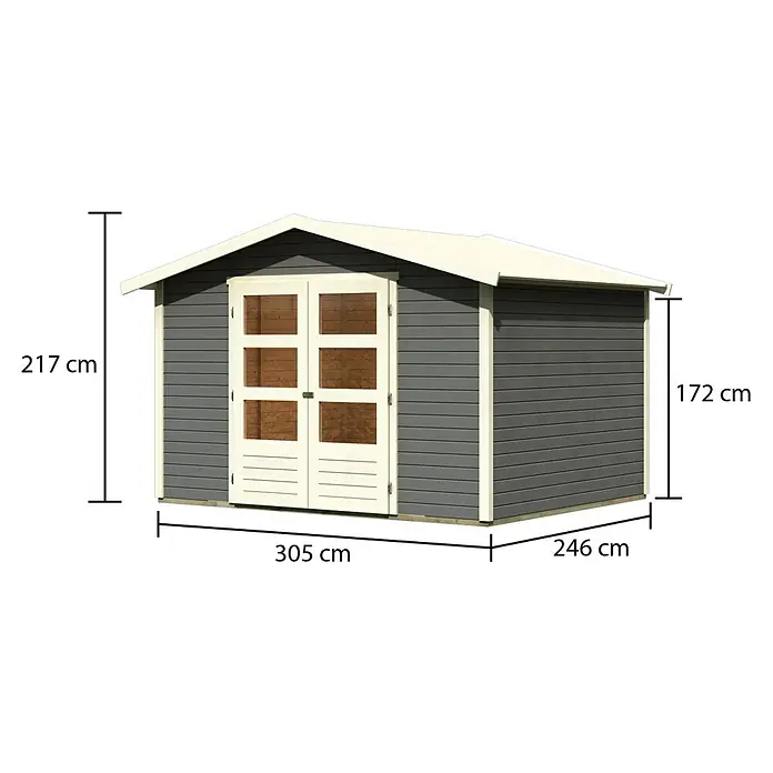 Karibu Gartenhaus Amberg 5 - Außenmaß inkl. Dachüberstand (B x T): 337 x 266 cm, Holz, Terragrau - Dieses Bild zeigt ein Gartenhaus mit den Maßen 305 cm Länge, 246 cm Breite und einer Gesamthöhe von 217 cm. Das Haus hat eine graue Holzverkleidung.