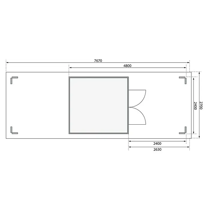 Karibu Gartenhaus Theres - Außenmaß inkl. Dachüberstand (B x T): 767 x 288 cm, Holz, Natur - Grundriss eines Holzhauses mit Maßen.