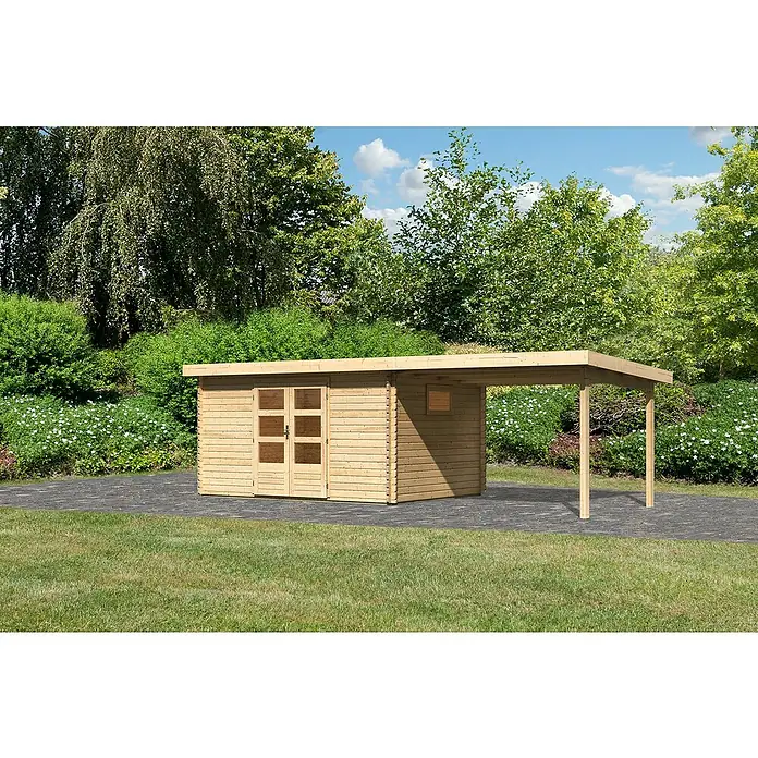 Karibu GartenhausAußenmaß inkl. Dachüberstand (B x T): 706 x 333 cm, Holz, Natur, Mit Seitendach - Holzgartenhaus mit Anbau in naturbelassener Optik. Das Gartenhaus mit überdachtem Bereich ist ideal für den Garten.