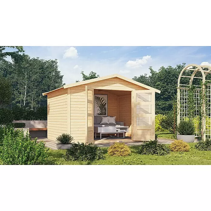 Karibu Gartenhaus Amberg 5 - Außenmaß inkl. Dachüberstand (B x T): 337 x 266 cm, Holz, Natur - Heller Holz-Gartenschuppen mit offenem Eingang, als gemütliche Outdoor-Lounge in einem üppigen Garten eingerichtet.