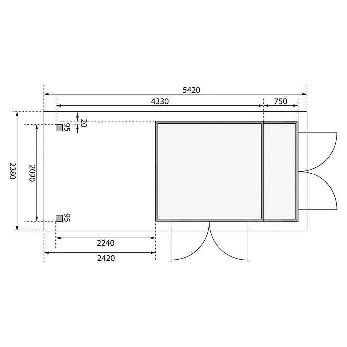 Karibu Gartenhaus Retola 2 - Außenmaß inkl. Dachüberstand (B x T): 542 x 238 cm, Holz, Natur - Grundrisszeichnung eines Gartenhauses mit Maßangaben.