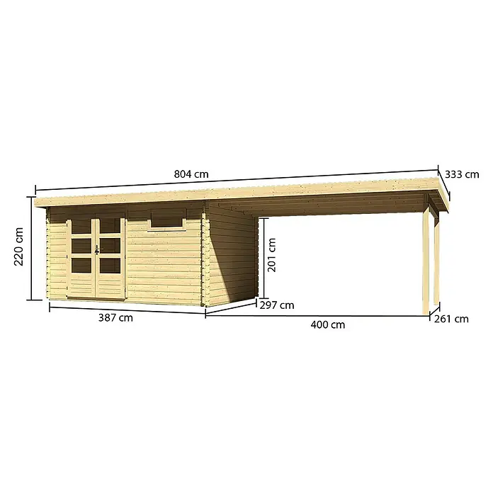 Karibu Gartenhaus Bastrup 8 - Außenmaß inkl. Dachüberstand (B x T): 804 x 333 cm, Holz, Natur, Mit Seitendach - Abbildung eines Holzgartenhauses mit Abmessungen, das Design und die räumliche Anordnung des Hauses hervorhebt.